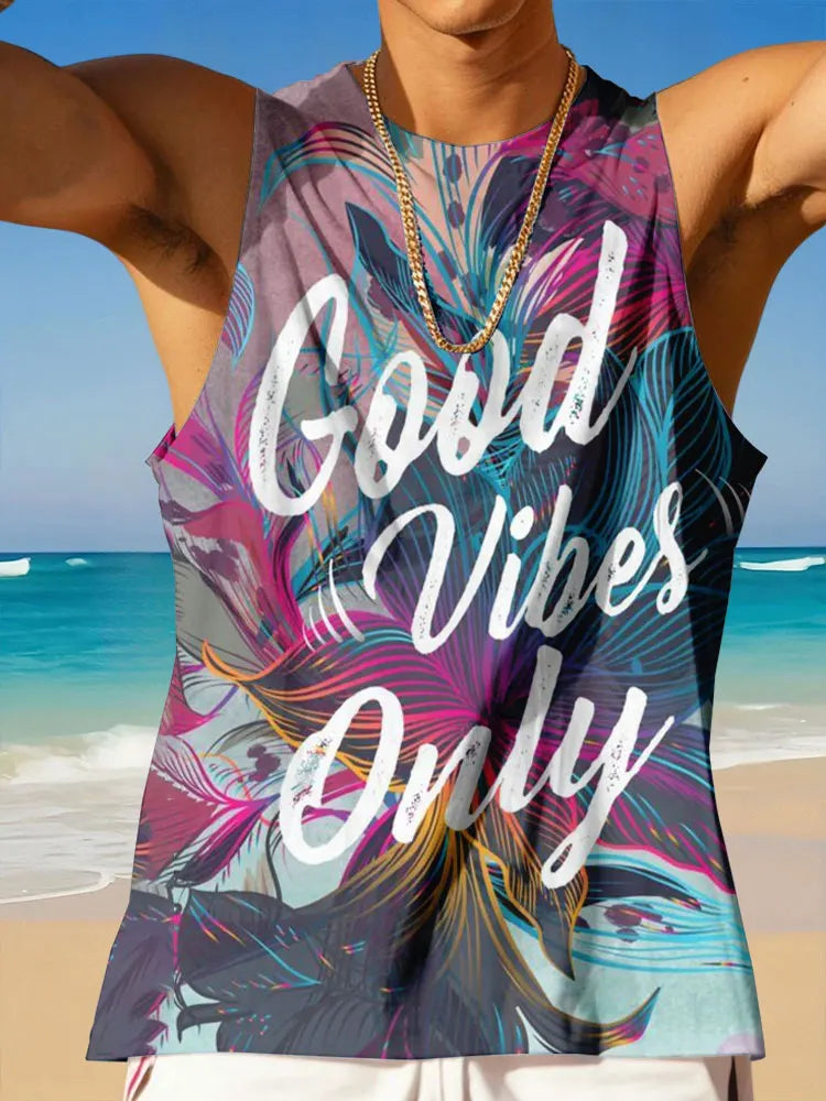 Summer Casual Everyday Sleeveless Top For Men Men's Crew Neck Tank Top With Hawaiian Print Men's Outdoor Beach Fashion Tank Top