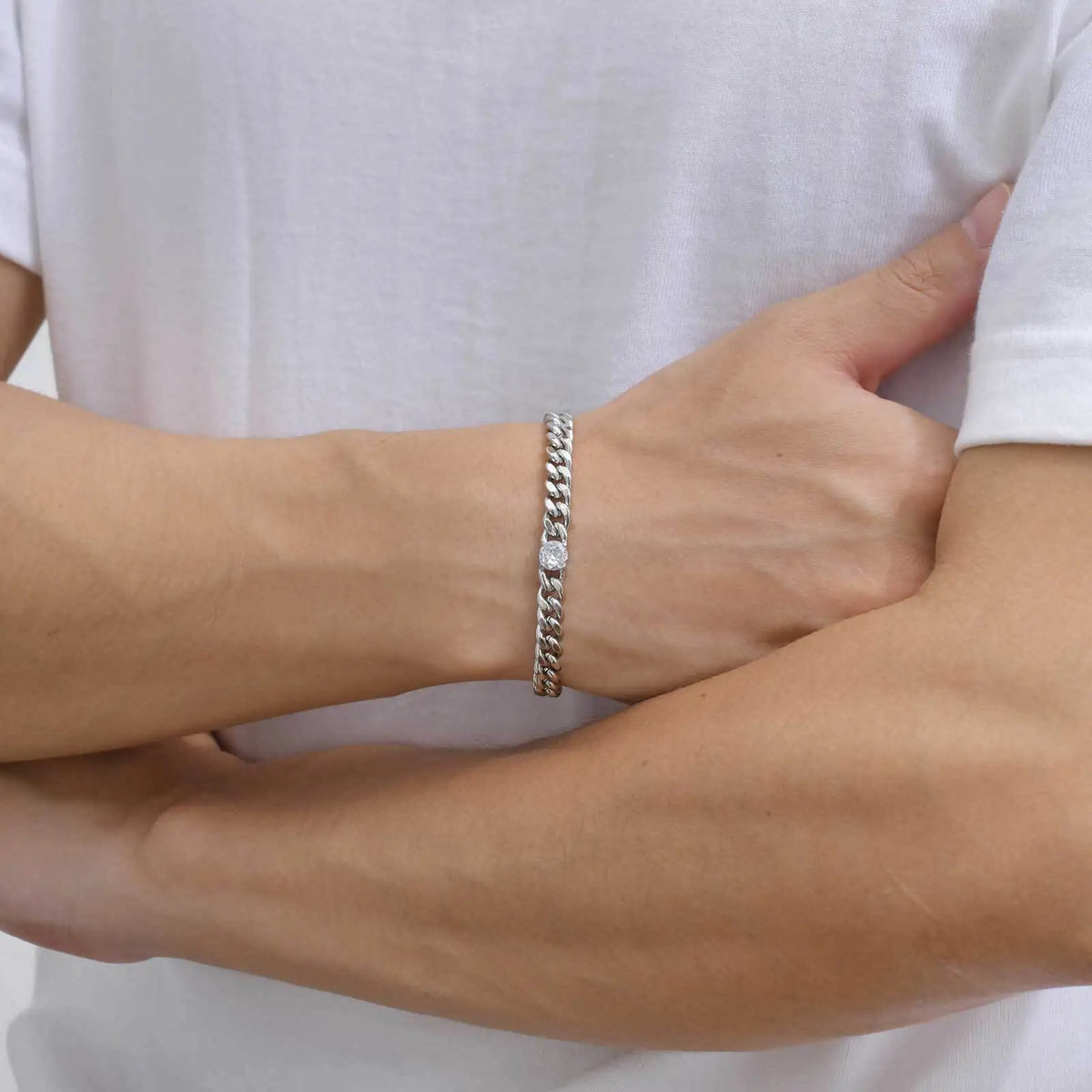 White Zircon Cuban Bracelet for Men Boys,16-21CM Never Fade Curb Chain Links Wristband,Hip Hop Cool Simple Jewelry Gift