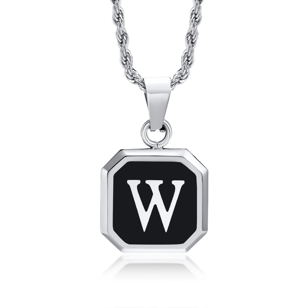 Initials Necklaces for Men Women,A-Z 26 Letters Black Square Stainless Steel Pendant Collar,45-60CM Twisted Rope Chain Gifts