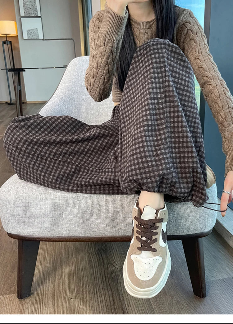 American style woolen plaid cargo pants women's autumn winter new plush casual versatile loose machete wide leg pants