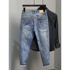 Casual Spring and Autumn Slim Denim Pencil Pants Men's Jean 2024 New Broken Hole Slim Fit Beggar Design High Street Washed Jeans