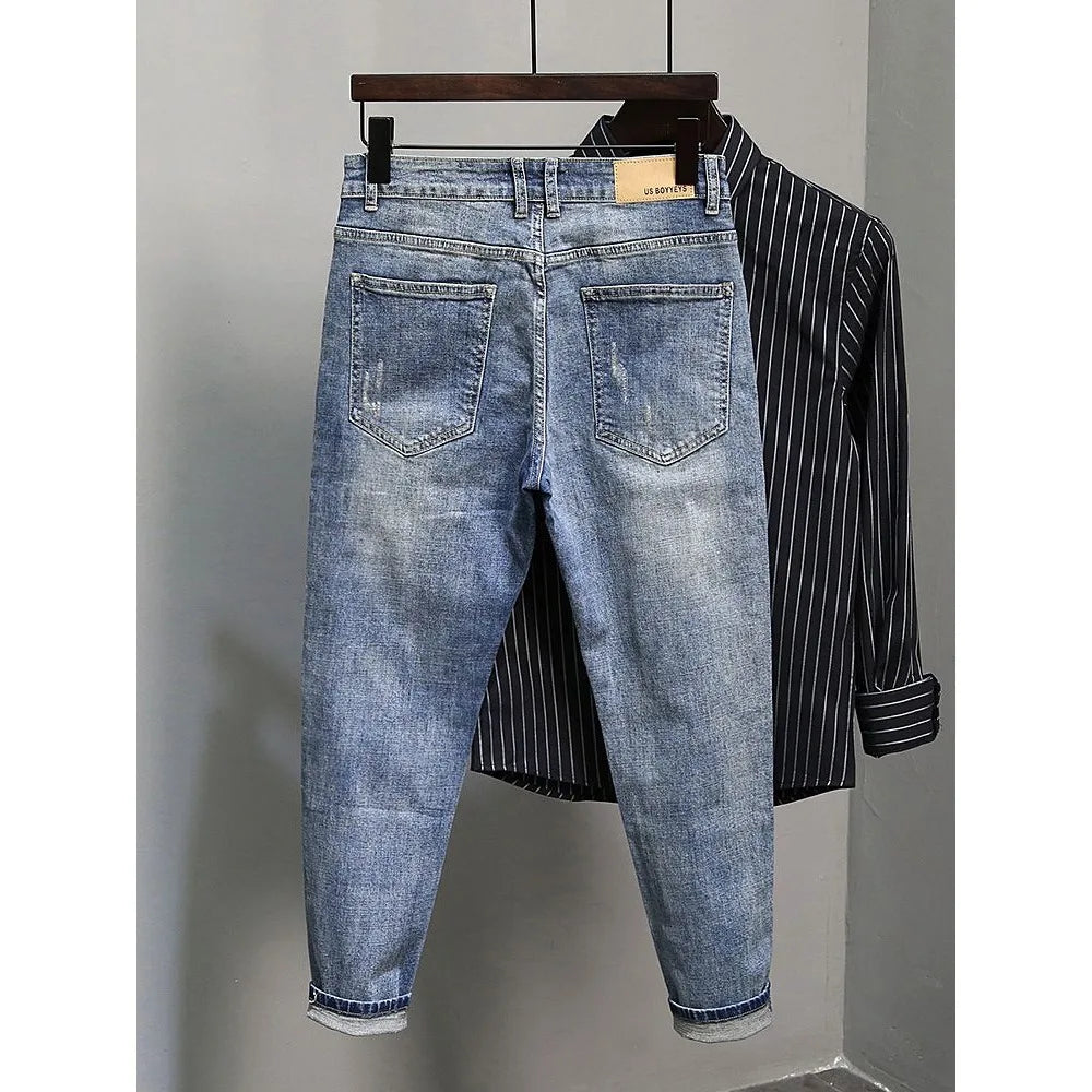 Casual Spring and Autumn Slim Denim Pencil Pants Men's Jean 2024 New Broken Hole Slim Fit Beggar Design High Street Washed Jeans