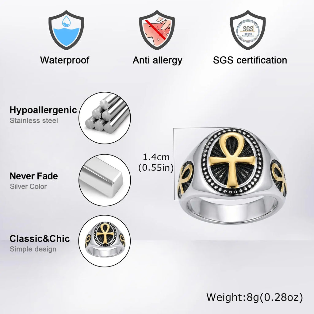 Punk Ankh Cross Rings for Men,Vintage Stainless Steel Signet Ring Statement Ring,Religious Amulet Jewelry Gift