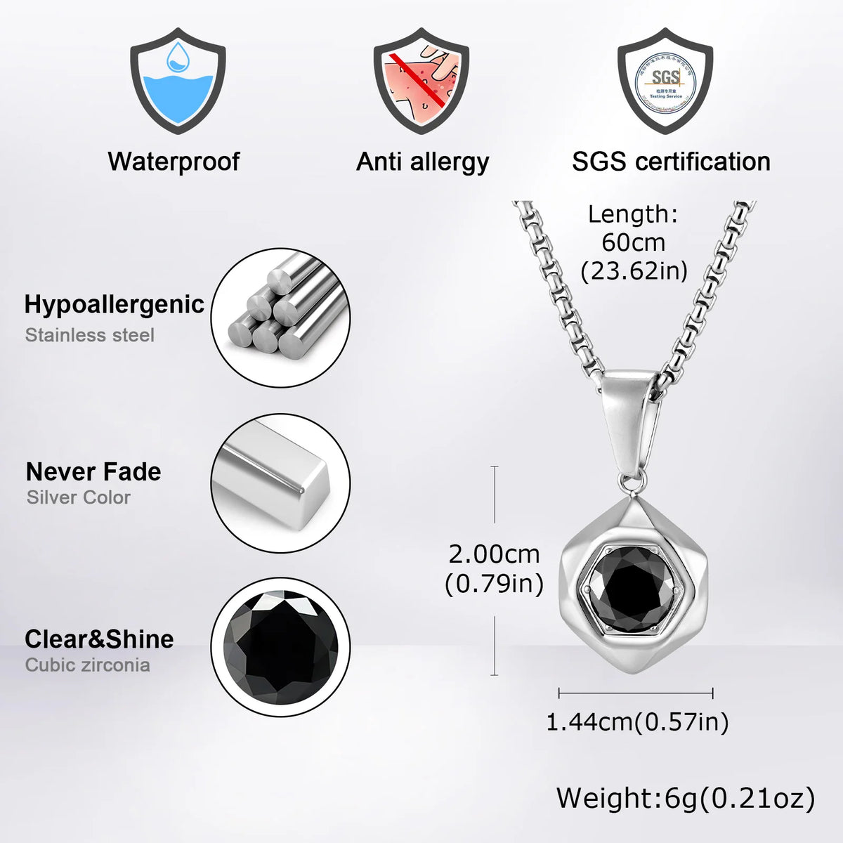 Men Stainless Steel Geometric Necklace,Black Cubic Zirconia Faceted Hexagon Pendant Necklace,Punk Hip Hop Waterproof Jewelry Gif