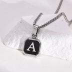 Square A-Z Initial Letters Necklaces for Men Boys,Stainless Steel Geometric Pendant with Box Rope Chain Collar,Gift Jewelry