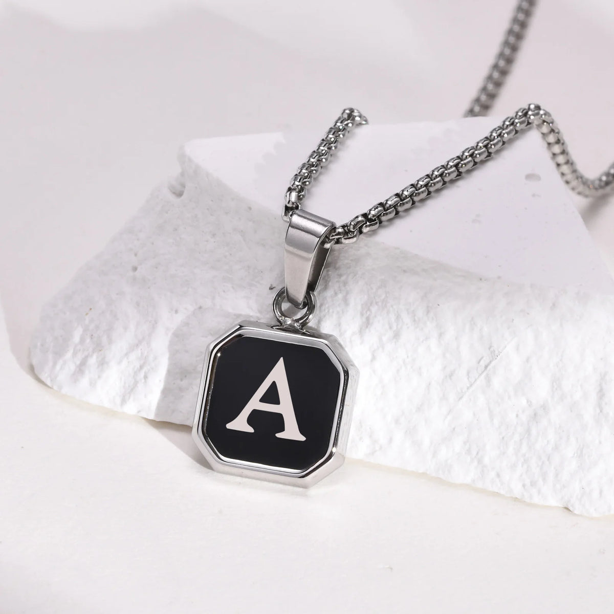 Square A-Z Initial Letters Necklaces for Men Boys,Stainless Steel Geometric Pendant with Box Rope Chain Collar,Gift Jewelry