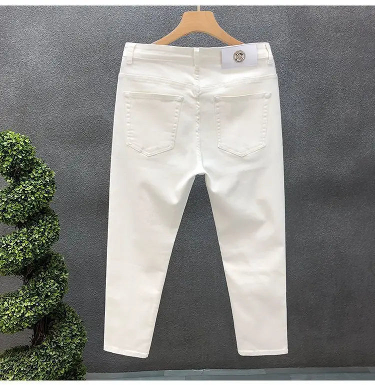 High-Quality Korean Street Men's Slim Jeans for Spring and Autumn with Denim Fabric and Casual Solid White Black Punk Trousers