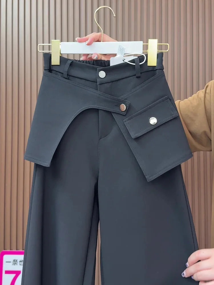 Women Elastic High Waist Wide Leg Pant 2025 Autumn Winter New Loose Fit Design Sense Fashion Black Irregular Trousers