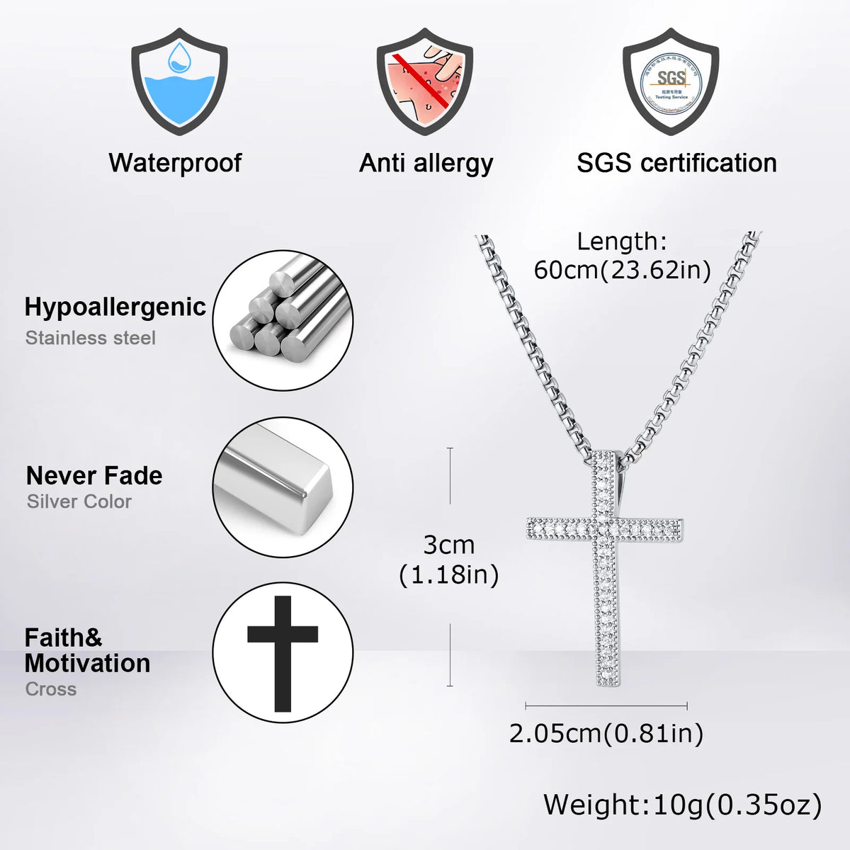 Hip Hop Men Zircon Cross Necklace,Punk Street Cross Metal Pendant Necklace,Charm Jewelry Gift for Him Dad
