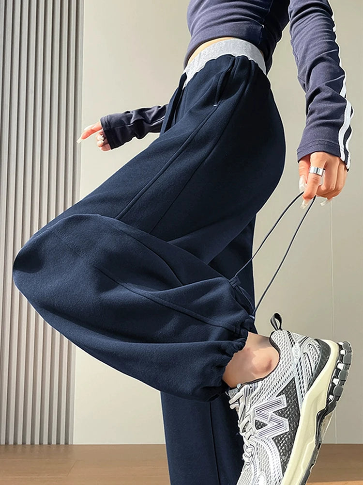 American style sports pants women in autumn and winter 2025 new style thick drawstring color blocking wide leg pants