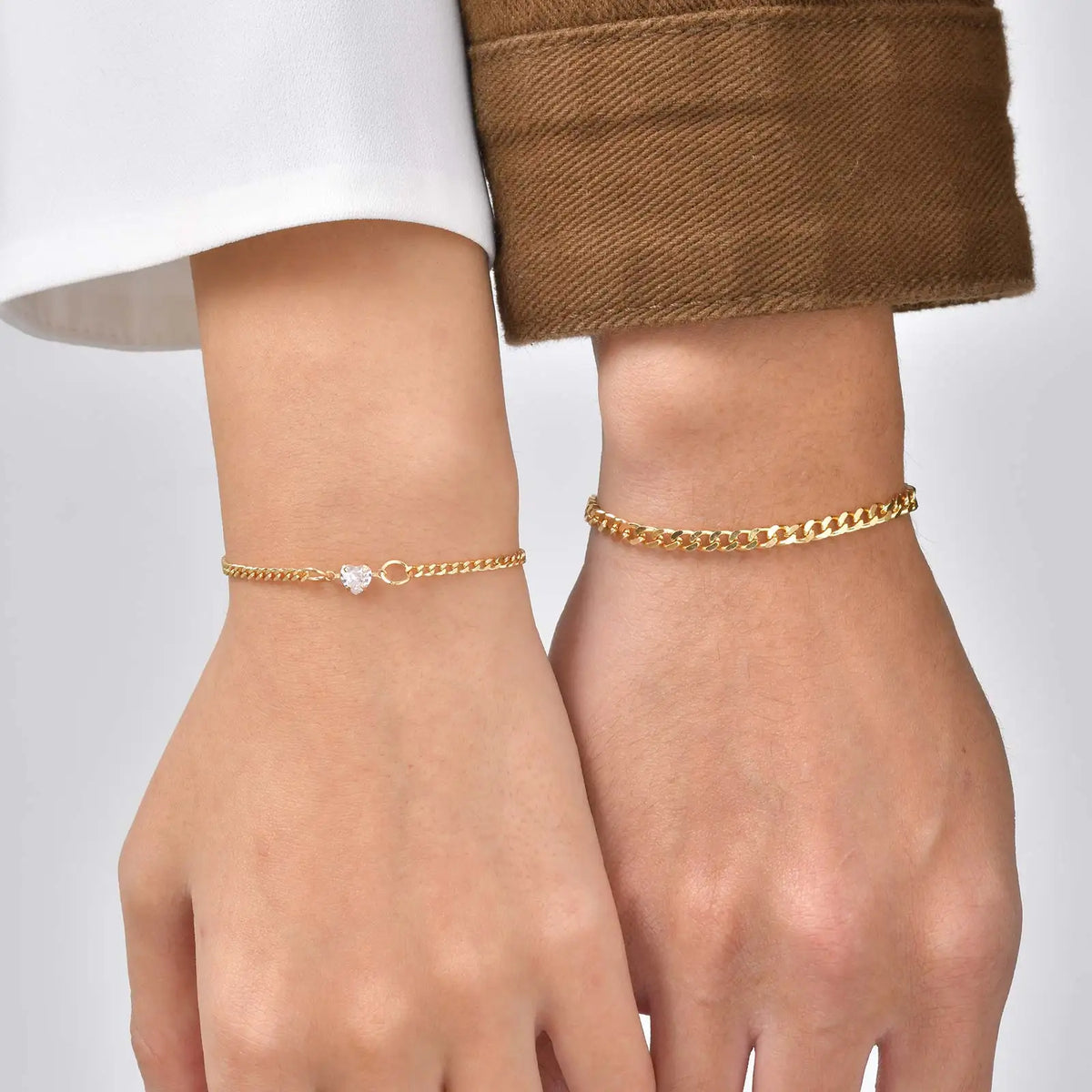 Gold Color Chain Bracelet for Couple Women Men,Stainless Steel Heart Shape Zircon Adjustable Wristband,Valentine's Day Gift
