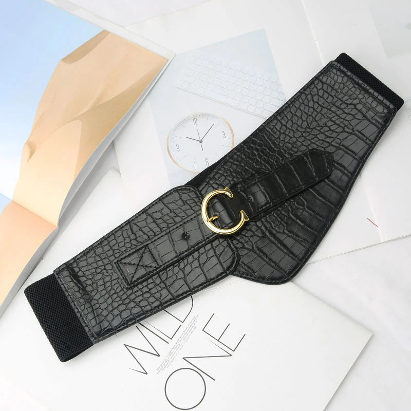 Wide Corset Belt For Women Luxury Desiner Letter C Cummerbunds Pu Leather Belt Vintage Gothic Elastic Black Pattern Waistband