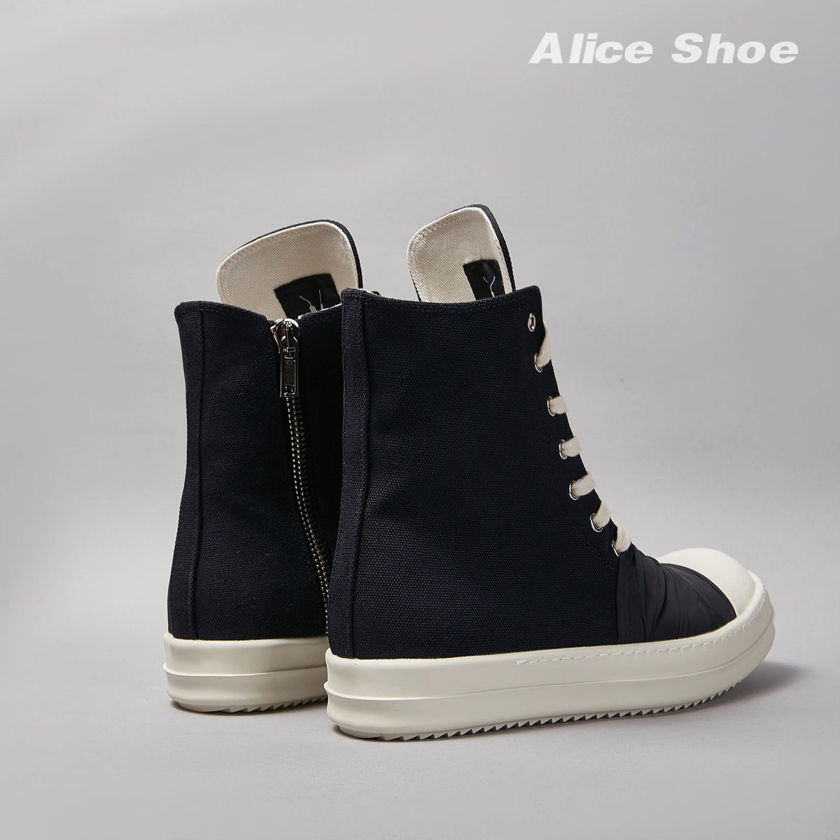PENDRA Pleated Noir Black Canvas High-Top Zip Thick-Sole Platform Sneakers