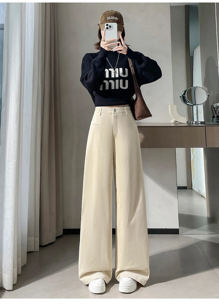 Corduroy suit wide leg pants women in autumn and winter high waist lazy style thick velvet warmth and versatile pants