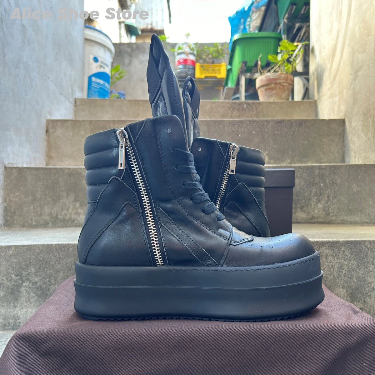 PENDRA Black Geobasket Black Leather 6cm Platform Zip Edition 3 Ankle Boots