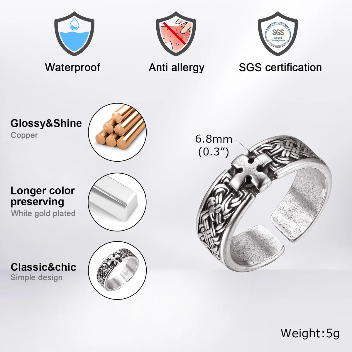 Punk Cross Metal Ring for Men Boys, 6.8mm Width European and American Style Opening Ring,Anniversary Engagement Jewelry Gift