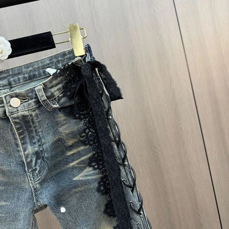 Lace Up Flare Jeans Retro Stitch Lace Whiskers Slim Low Rise Split Bootcut Pants Women Bell Bottoms Streetwear