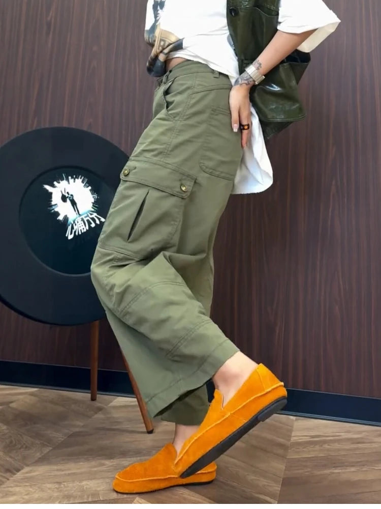 PENDRA Military Green Workwear Wide Leg Pants