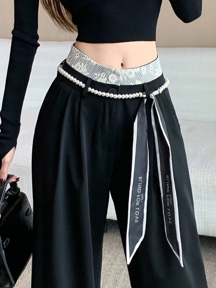 PENDRA Lace Panel High Waist Wide Leg Suit Pants