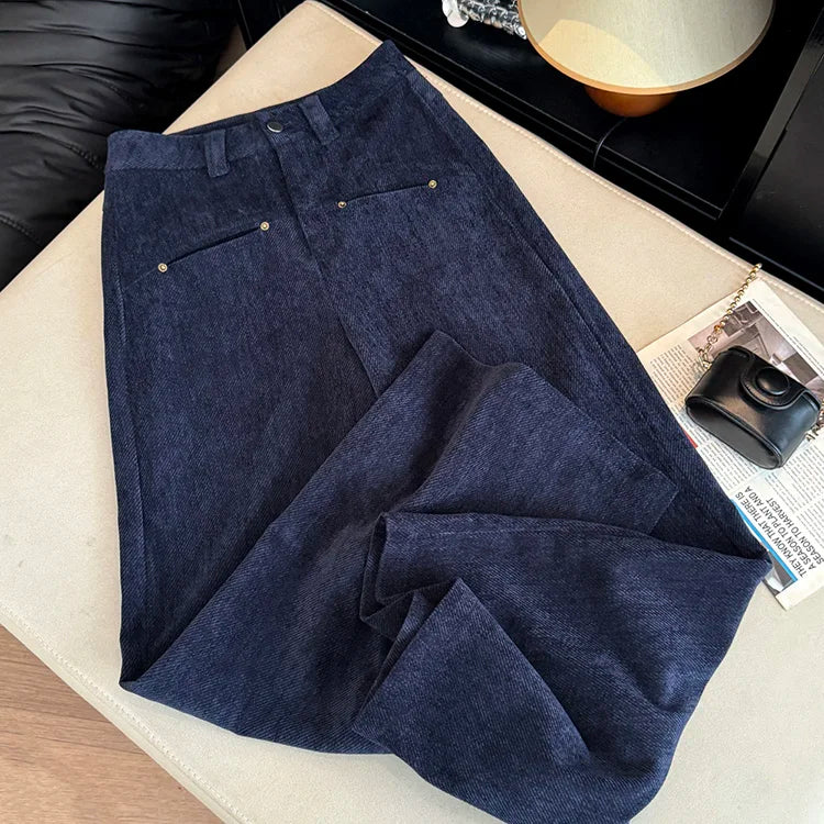 Deep blue wide leg casual pants women's autumn and winter 2025 new loose thick fashion versatile striped straight leg pants