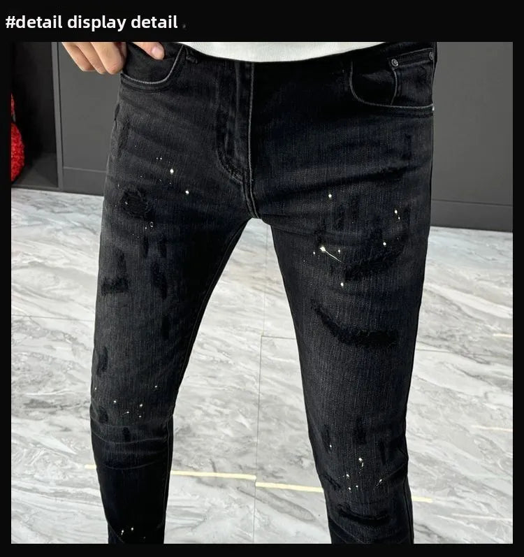 Designer Jeans Man High Quality Men's Scraped Black Jeans Autumn Winter Splashing Ink Slim-fit Pants Handsome Casual Long Pants