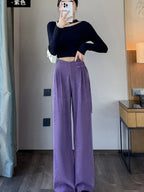 Corduroy pants women autumn and winter new Chinese style buckle casual thick solid color versatile wide leg pants