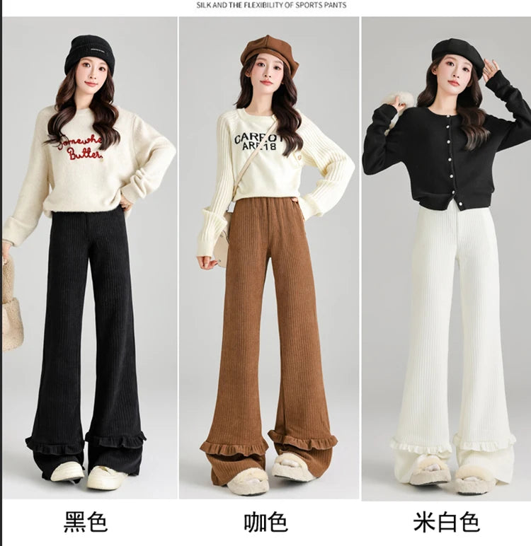 Solid corduroy micro flared pants women's winter wide leg casual high waisted narrow version straight leg sweatpants
