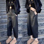 Autumn and Winter New Nine Cropped Leather Pants Women High Waist Slimming Double Waist Belt with Velvet Wide Leg Pants