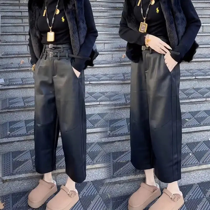 Autumn and Winter New Nine Cropped Leather Pants Women High Waist Slimming Double Waist Belt with Velvet Wide Leg Pants