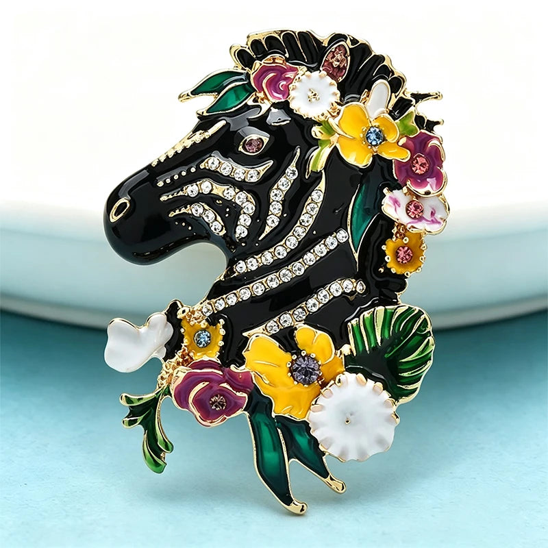 PENDRA Floral Zebra Enamel Animal Brooch