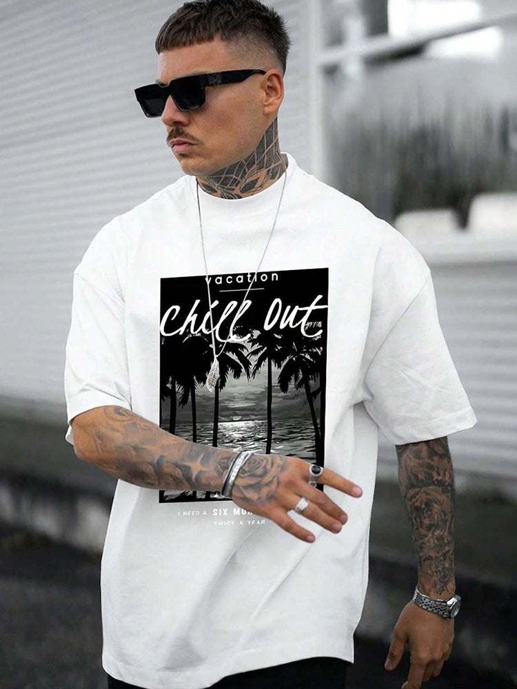 Summer Outdoor Casual Men's T-shirt Seaside Surf Men's Short Sleeve Letter Shark Print Men's T-shirt Daily Street Fashion T-shir