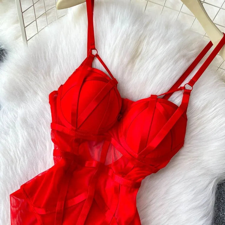 Sexy spicy girl with chest cushion jumpsuit women's summer new see through mesh slimming sexy niche design camisole vest