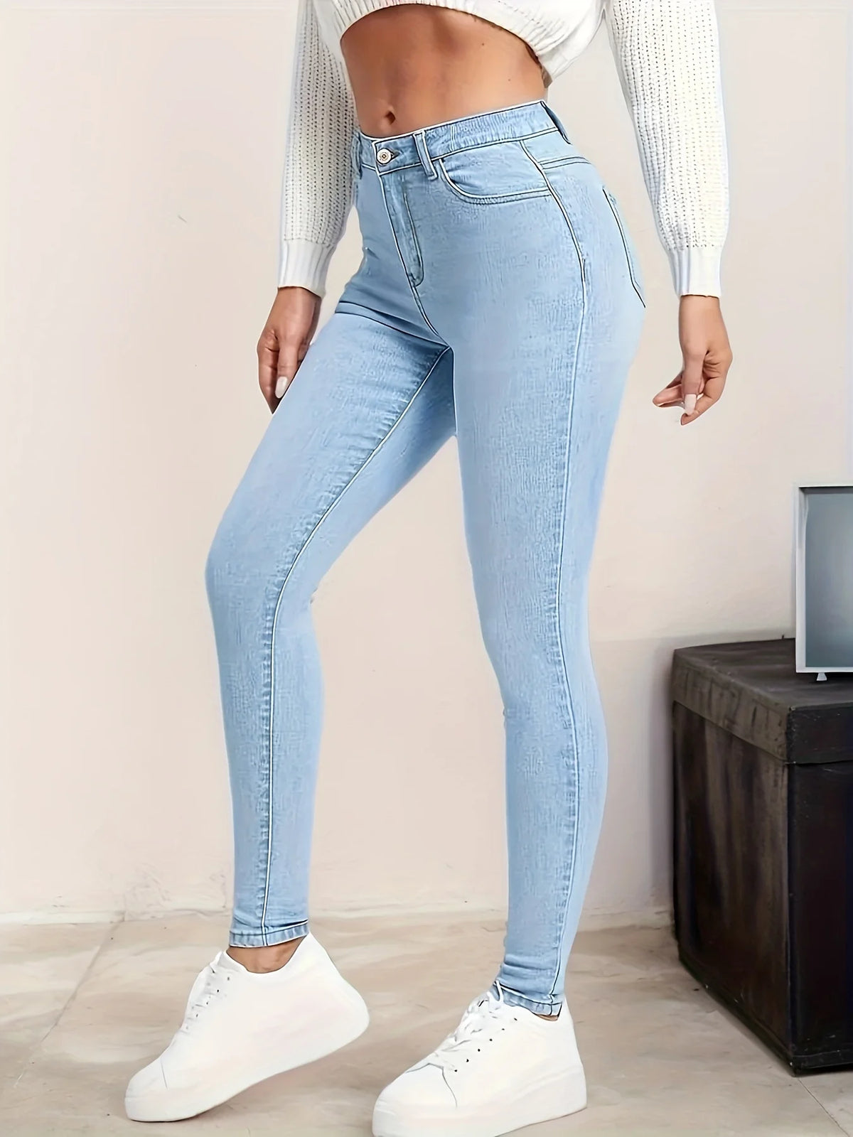 New Women's Elastic Skinny Jeans, Versatile Casual Fit with Pockets, Perfect for Daily Wear