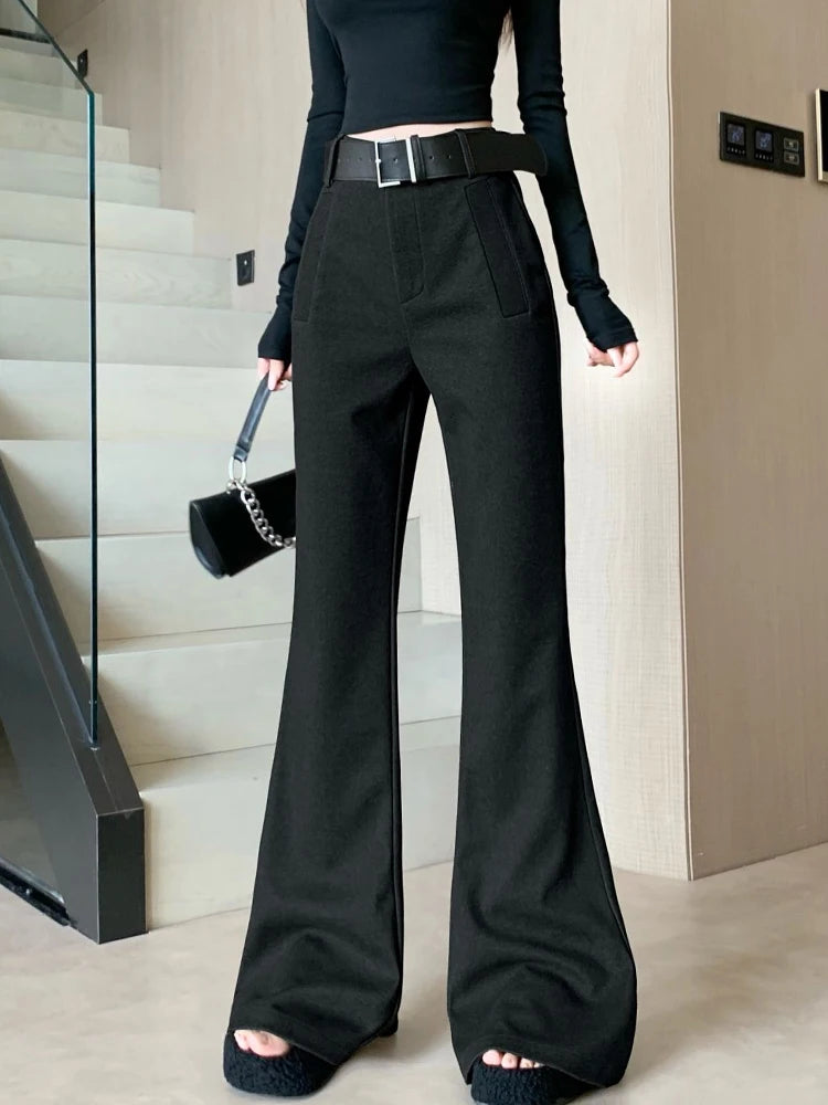 Retro solid color pants women autumn and winter high waisted casual and fashion versatile floor length flared trousers