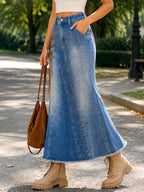 New Women's Mid-waist Stretch Washed Denim Skirt, Tie-waist Detail, Elegant Mermaid Midi Skirt, Spring/Summer Apparel