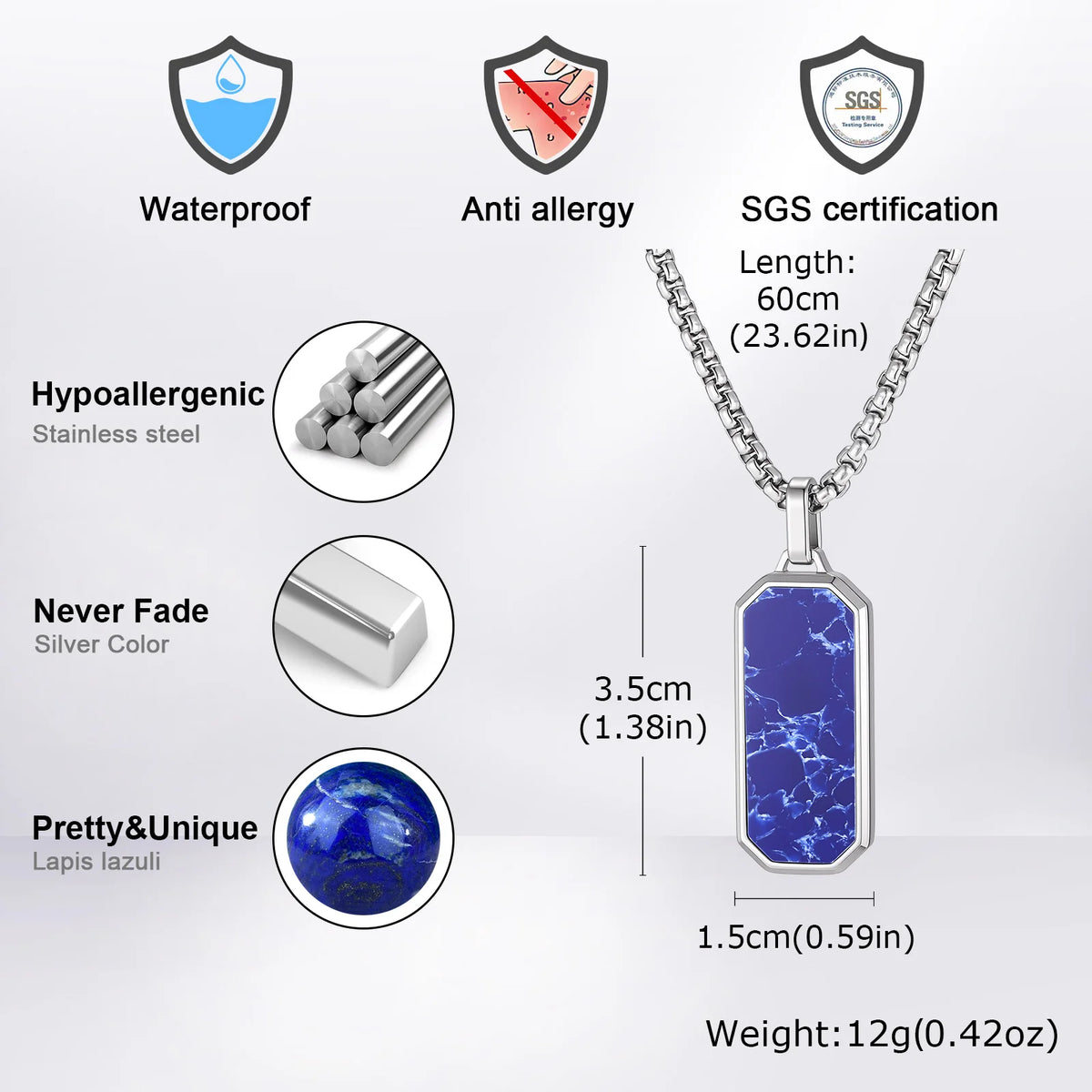 Natural Stone Square Men's Necklace,Waterproof Stainless Steel Geometric Pendant Necklace,Trendy Birthday Jewelry Gift