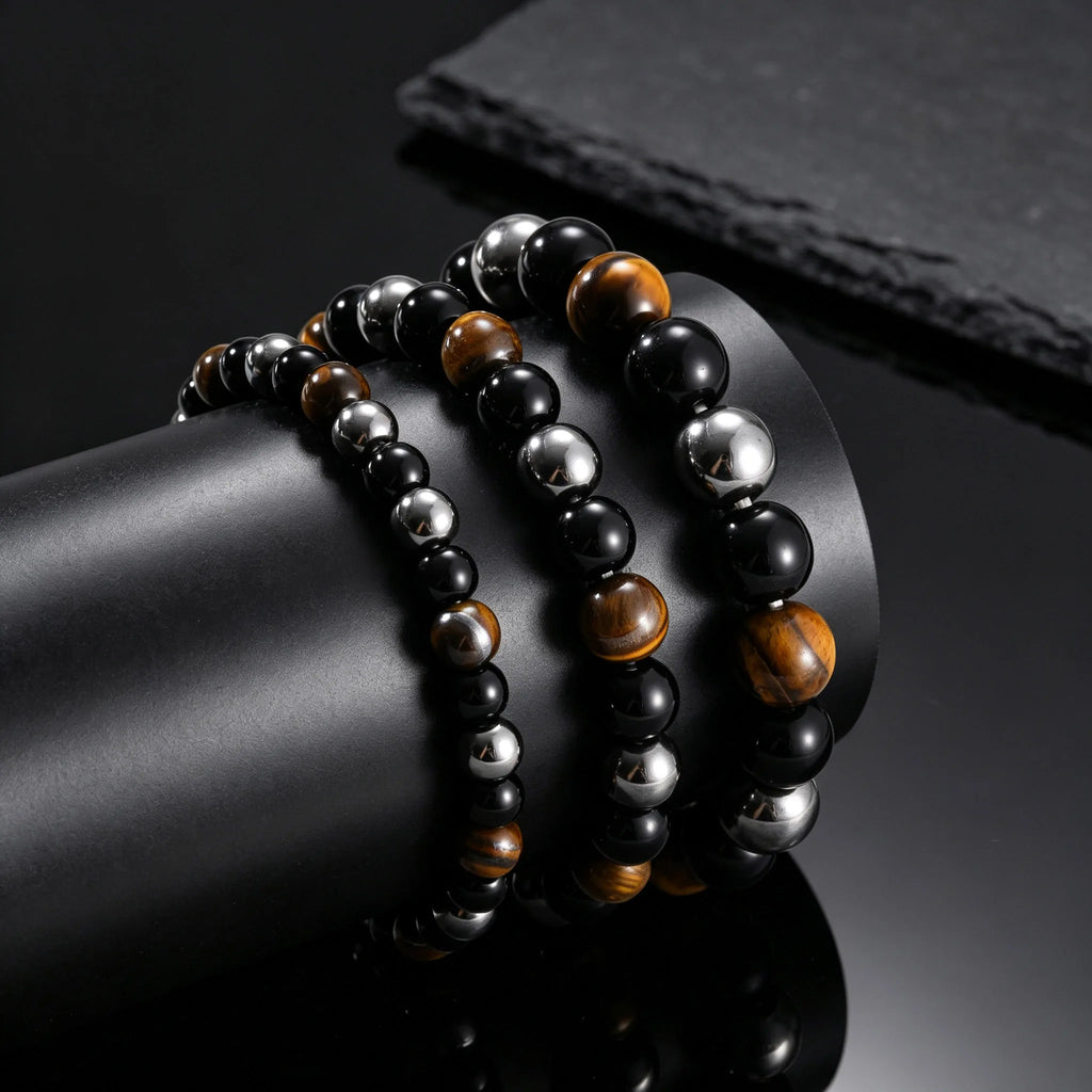 6/8/10mm Black Natural Stone Beaded Bracelets for Men,Obsidian Hematite Tiger Eye Beads Bracelets,Health Protection Soul Jewelry