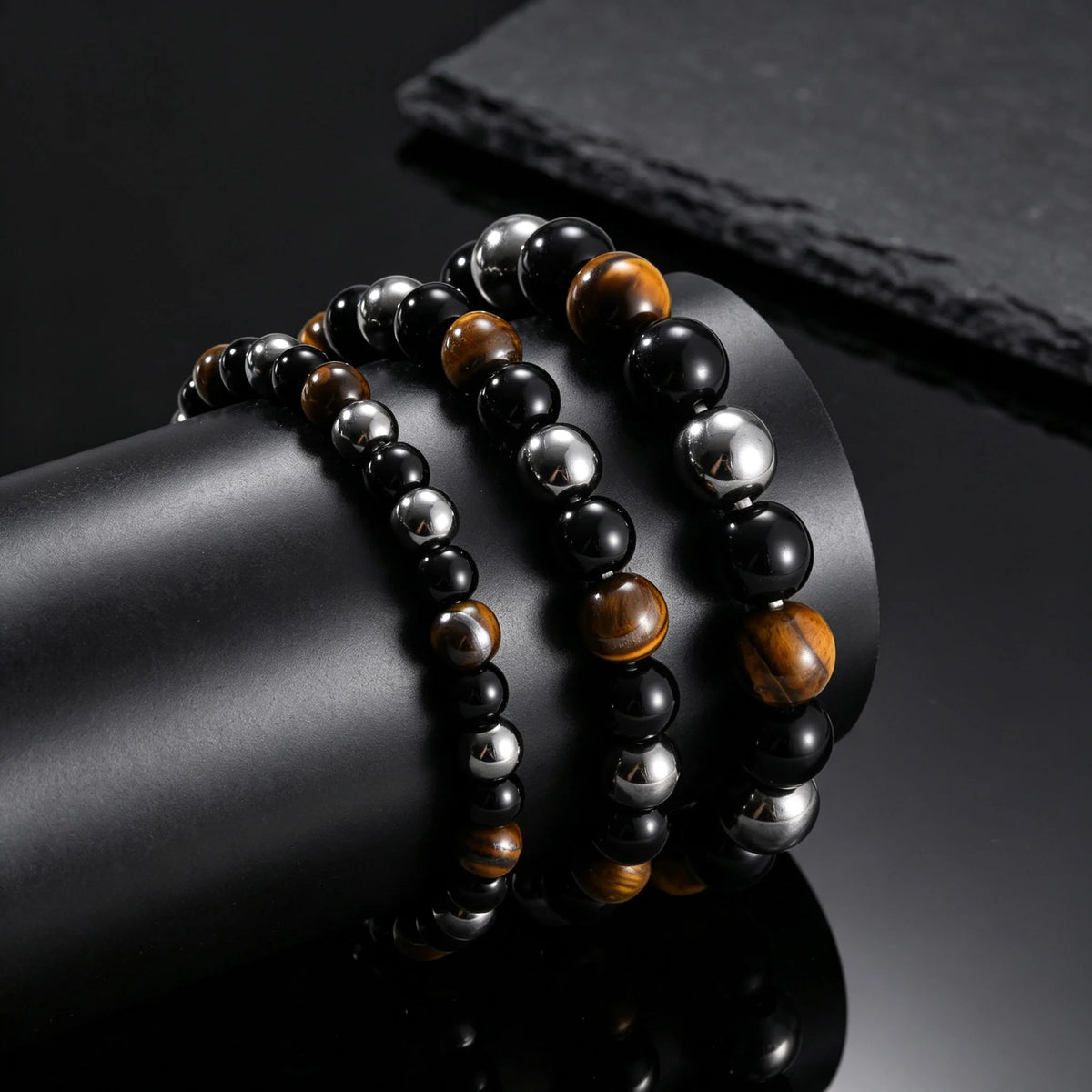6/8/10mm Black Natural Stone Beaded Bracelets for Men,Obsidian Hematite Tiger Eye Beads Bracelets,Health Protection Soul Jewelry