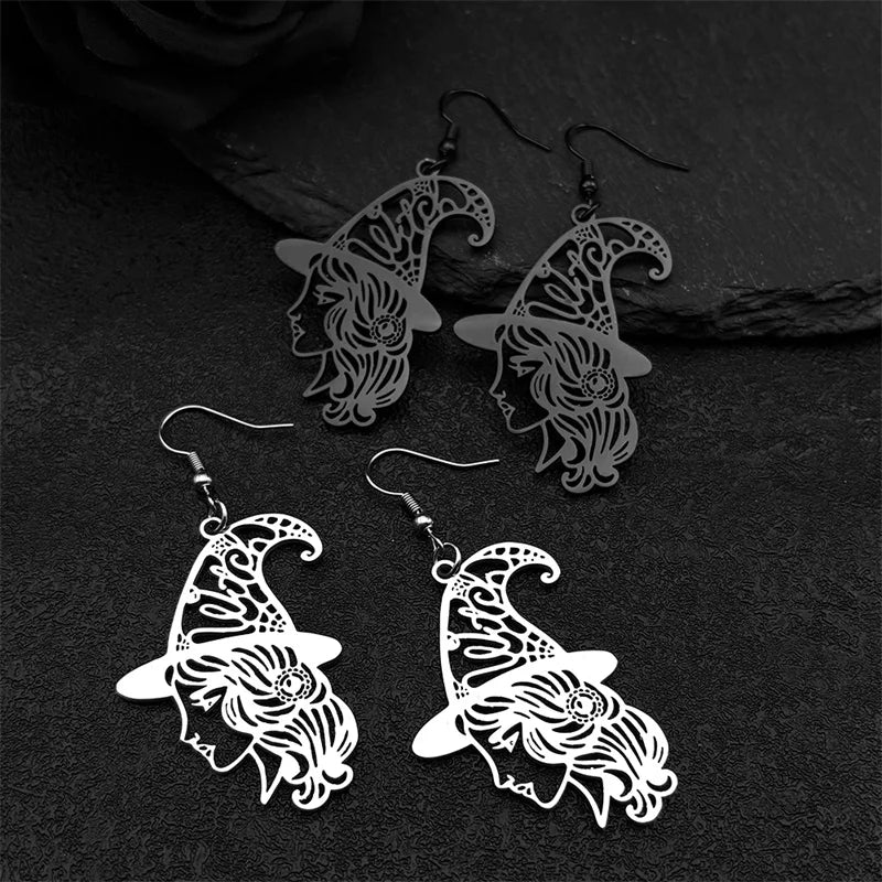 Witch Girl Hat Flower Drop Earring for Women Stainless Steel Black Silver Color Hollow Wicca Halloween Earrings Jewelry