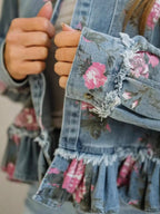 New Women's Retro Washed Floral Print Denim Jacket, Long-sleeved, Collared, Ruffled Hem, Short Jacket, Summer outfits for womener.