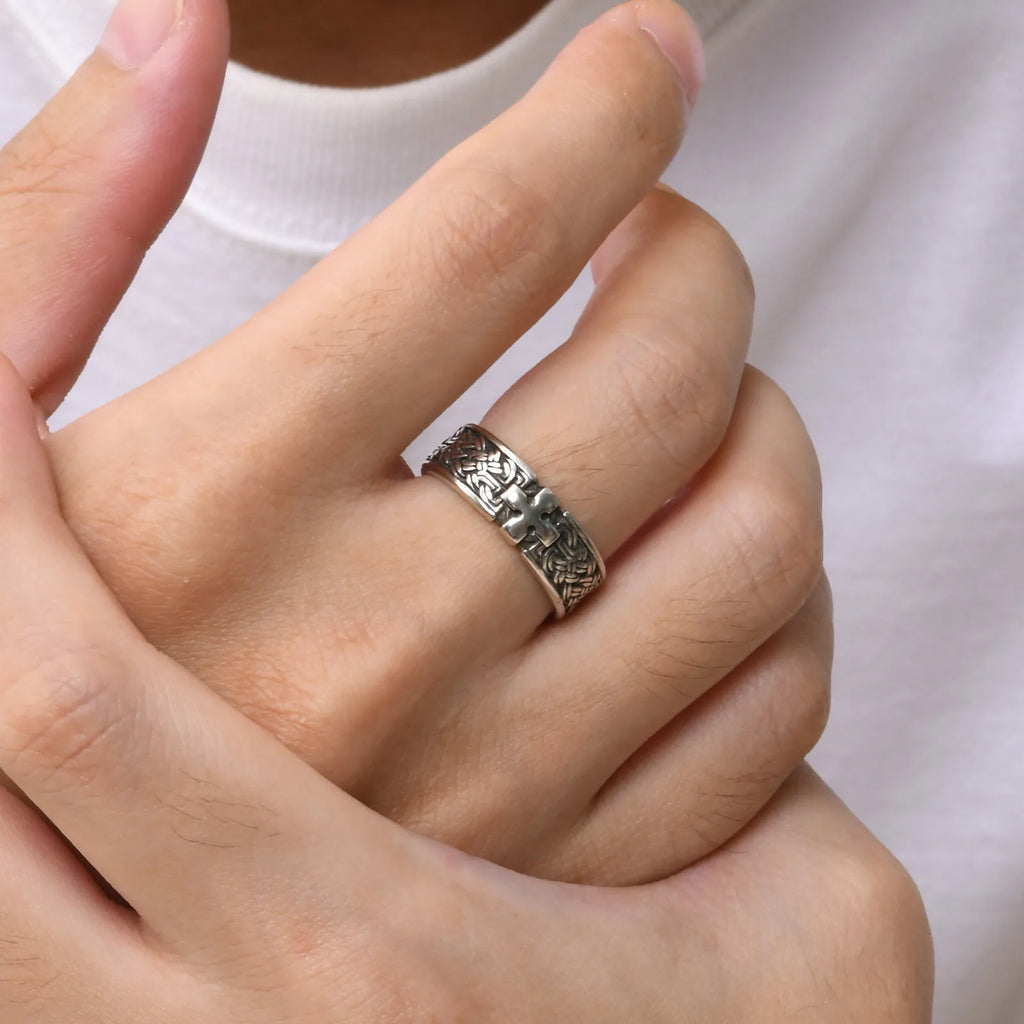 Punk Cross Metal Ring for Men Boys, 6.8mm Width European and American Style Opening Ring,Anniversary Engagement Jewelry Gift