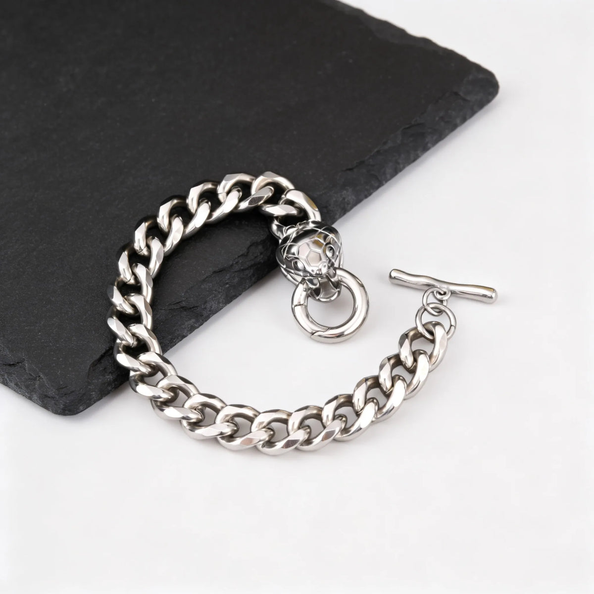 Rock Punk Men's Snake Head Chain Bracelet,11MM Stainless Steel Thick Chain Wristband,Birthday Party Gift for Him