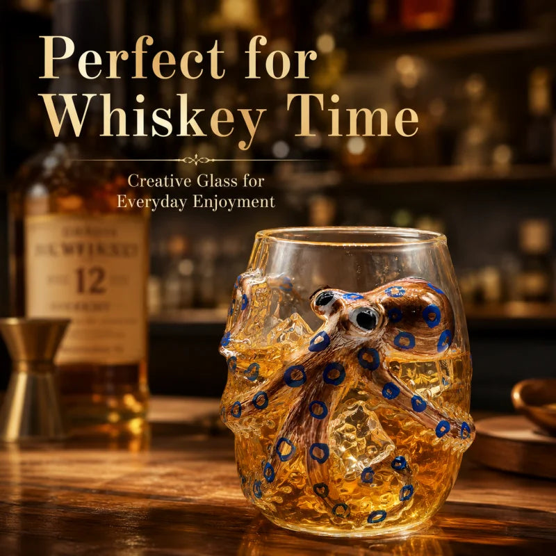 Novelty Octopus Shaped Whiskey Glass Clear Glass Tumbler with Blue Spot Marine Design for Bourbon Cocktail and Gift