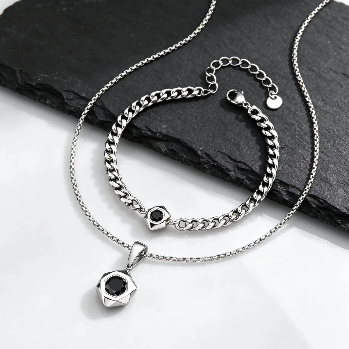Men Stainless Steel Geometric Necklace,Black Cubic Zirconia Faceted Hexagon Pendant Necklace,Punk Hip Hop Waterproof Jewelry Gif
