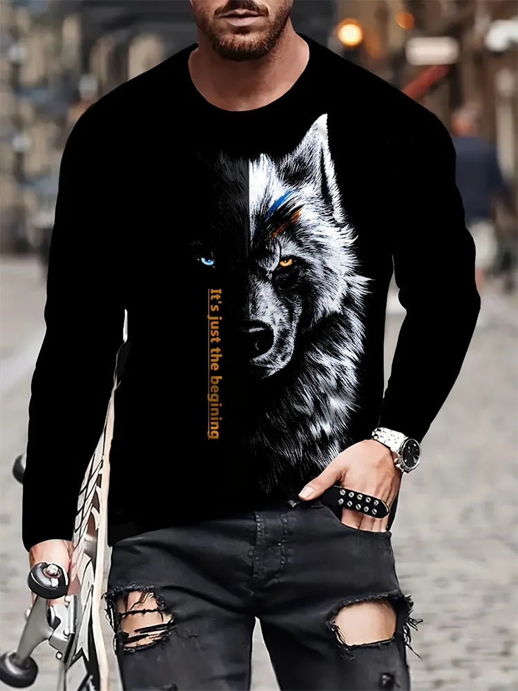 Spring And Autumn Men's Daily Casual Top Street Fashion Men's Long Sleeve T-shirt 3D Wolf Print Men's Long Sleeve T-shirt