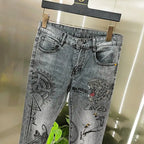 Spring and Autumn 2025 New Men's Jeans Gray Trendy Tiger Head Hot Diamond Printing Slim-fit Small Feet Trousers Men's Clothing