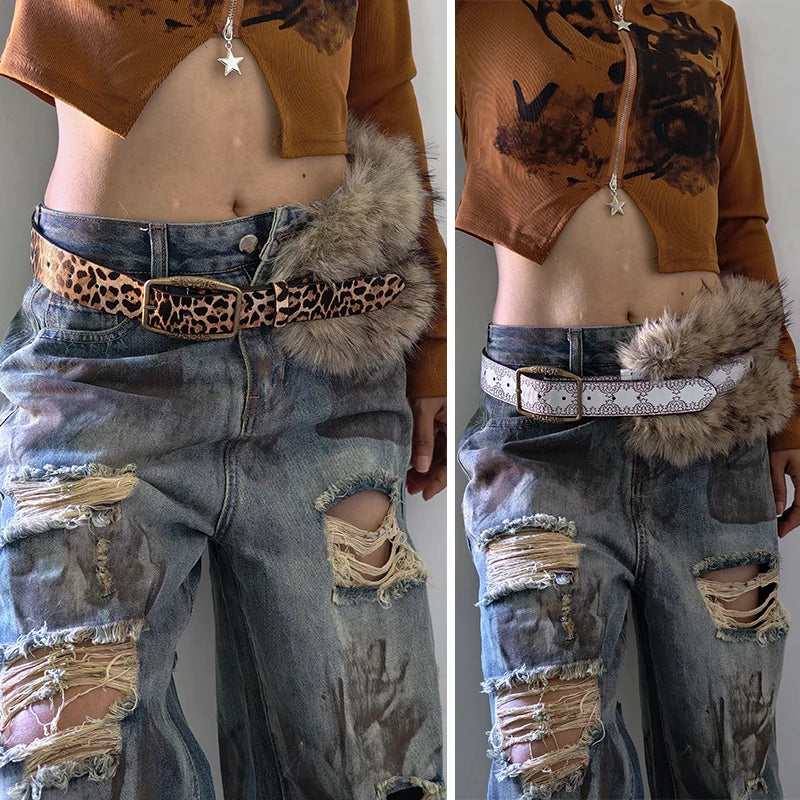 Retro Punk Style Furry Belt For Women Niche Y2k leopard print Belt For Skirts And Jeans American Western Cowboy Waistband