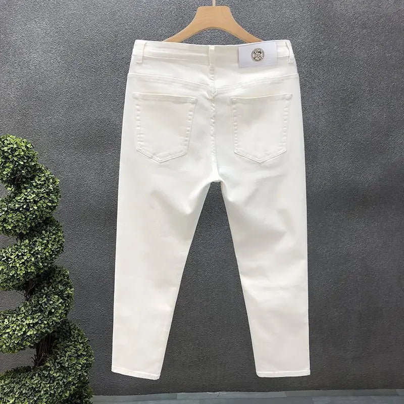 High-Quality Korean Street Men's Slim Jeans for Spring and Autumn with Denim Fabric and Casual Solid White Black Punk Trousers