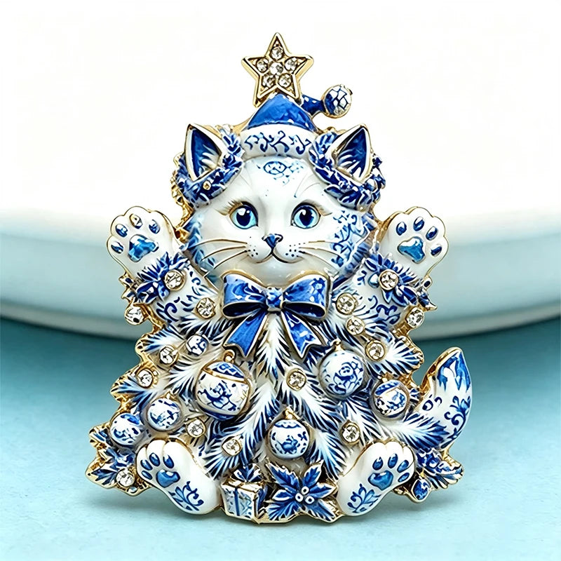 PENDRA Festive Rhinestone Christmas Cat Brooch