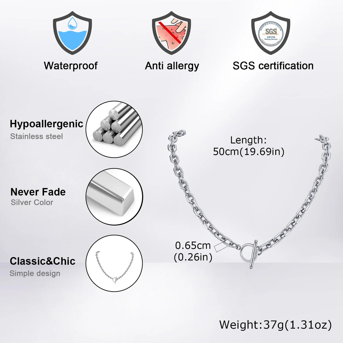 Stainless Steel Toggle Necklace for Men Women,50cm Figaro Chain Link Collar, Classic Rolo Chain Gift